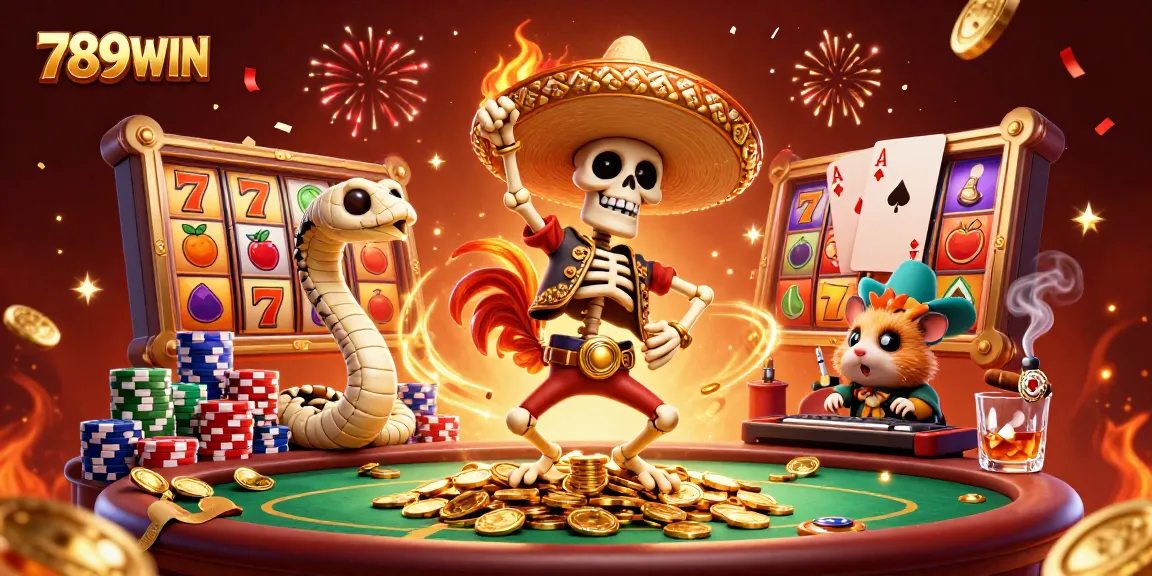 789WIN showcases an energetic scene with a mariachi rooster, mummy snake, and zombie DJ celebrating in a casino.