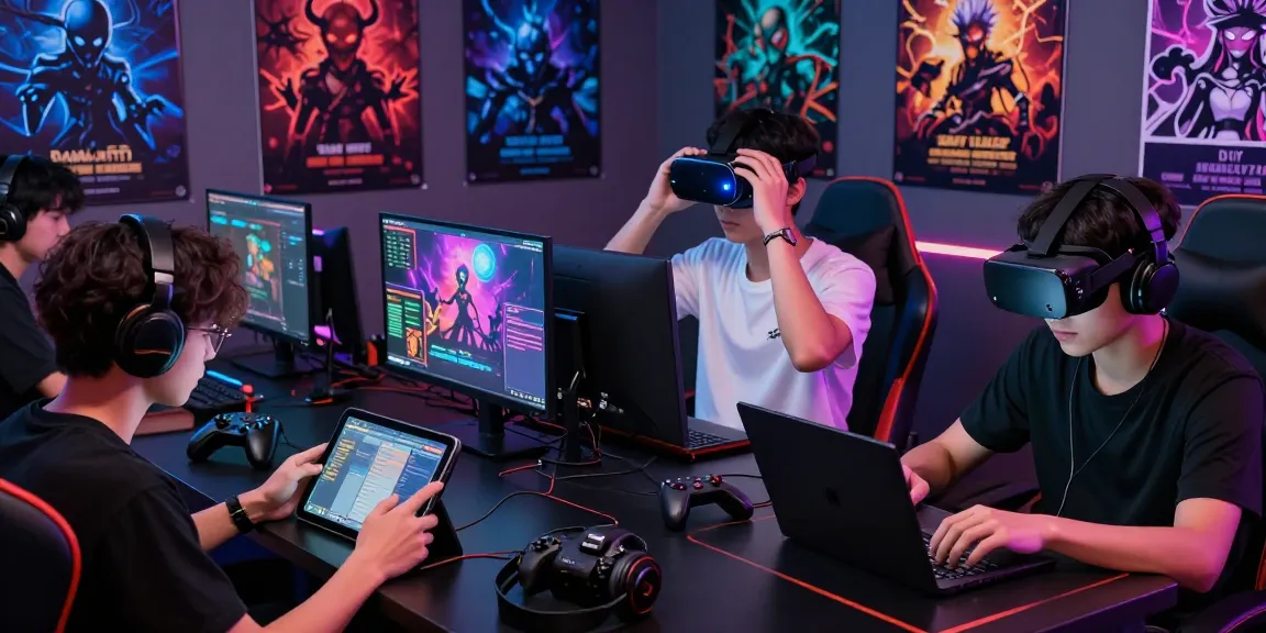 Dynamic gaming scene featuring players engaged in mind control hentai games on tablets and laptops in a vibrant lounge.