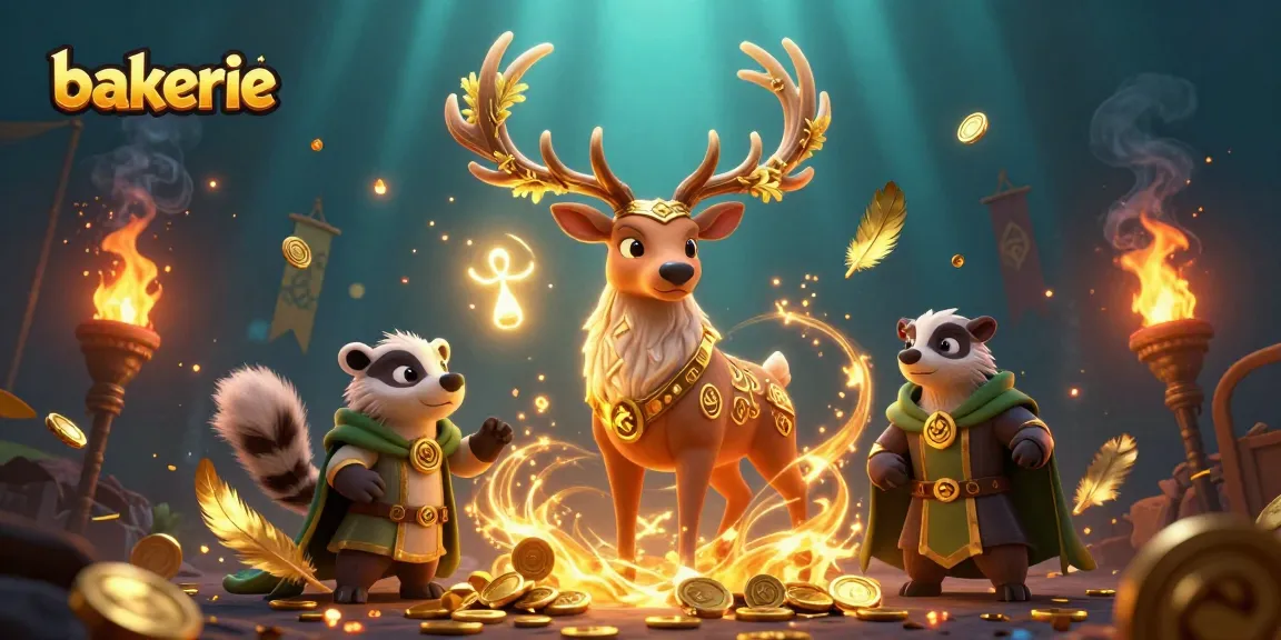 Celebrate exciting gaming at bakerie with a vibrant 3D illustration featuring a Celtic stag and wise badger.