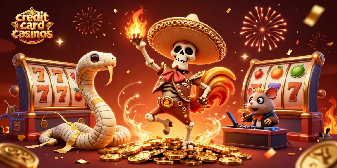 Exciting scene of credit card casinos with skeleton mariachi, mummy snake, and DJ hamster among slot reels.