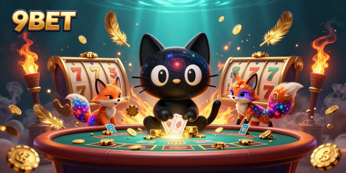 Join the cosmic adventure with 9BET at a vibrant casino table surrounded by swirling golden elements and colorful characters.