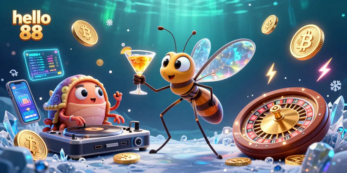 Engage with hello 88's vibrant casino scene featuring a unique frozen mosquito mascot amidst dazzling crypto elements.