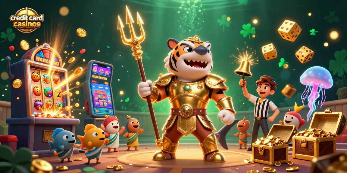 Experience excitement at credit card casinos with a vibrant 3D underwater showdown of games and winnings.