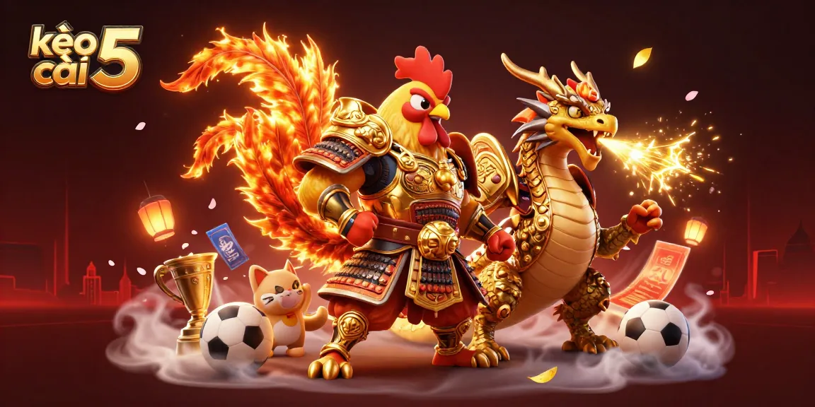 Engage in kèo nhà cái 5 with a fierce dragon and rooster warrior in a vibrant betting scene.