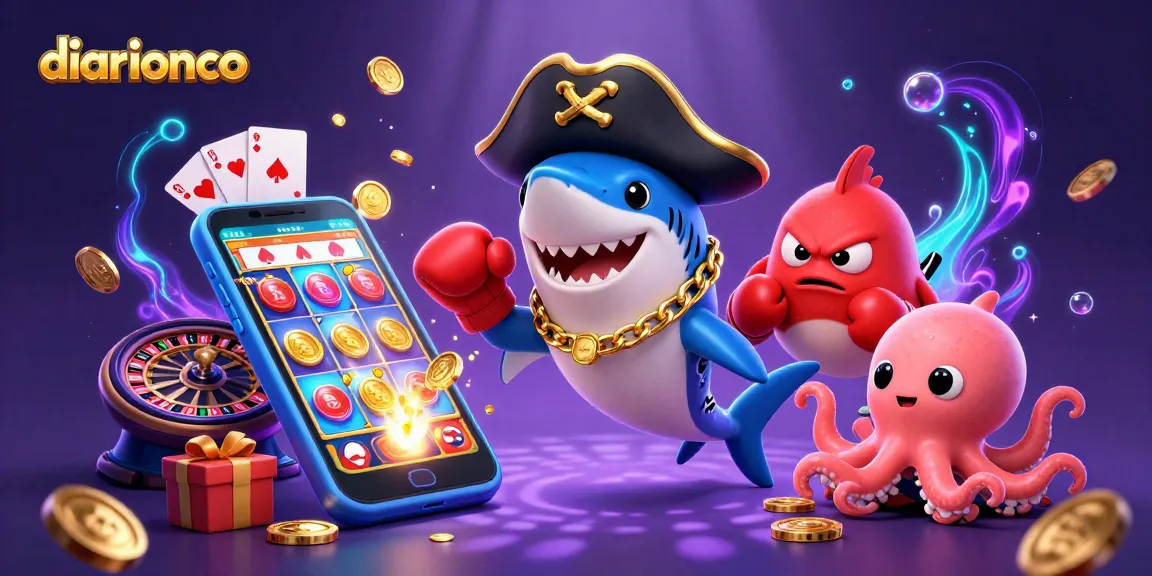 Diving into the gambling adventure with diarionco featuring colorful slot games and cartoon sea creatures.