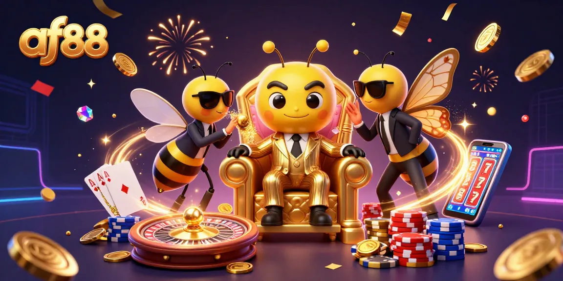 Bet on exciting games at af88 with a vibrant illustration of a bumblebee mob boss and gaming elements.