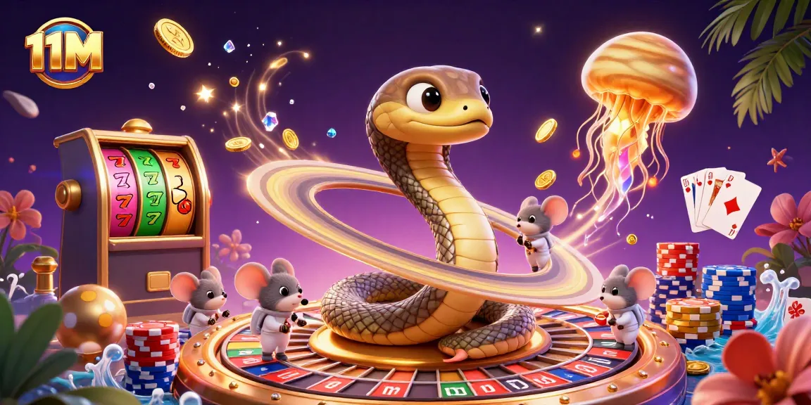 Spin the Saturn ring roulette at 11M casino while astronaut mice and a jellyfish dealer create excitement.