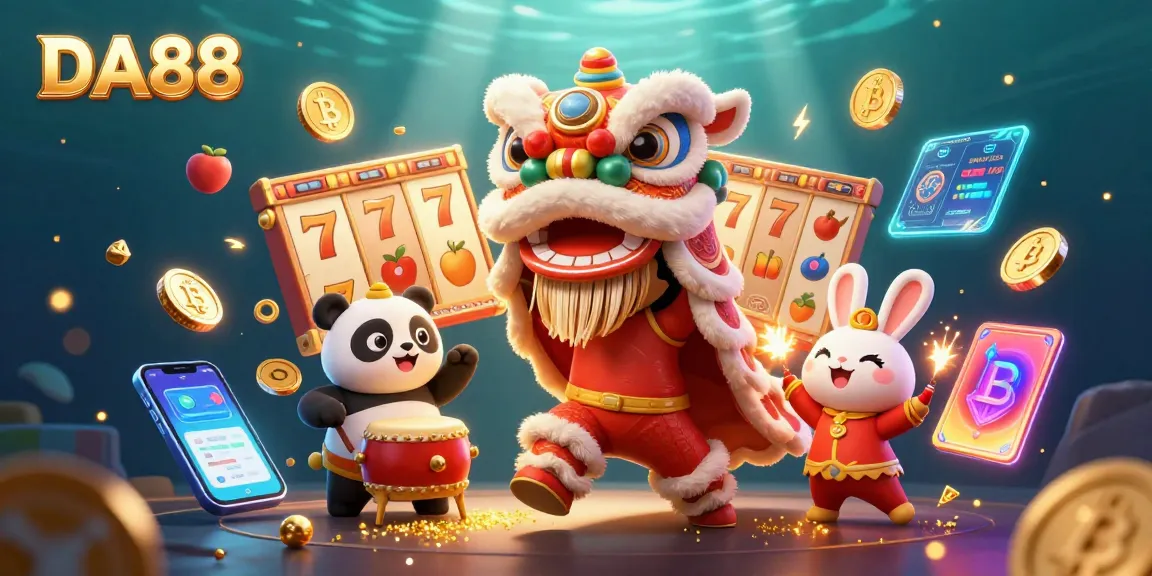 Engage with DA88's thrilling slots experience featuring a lion dance and vibrant crypto elements.