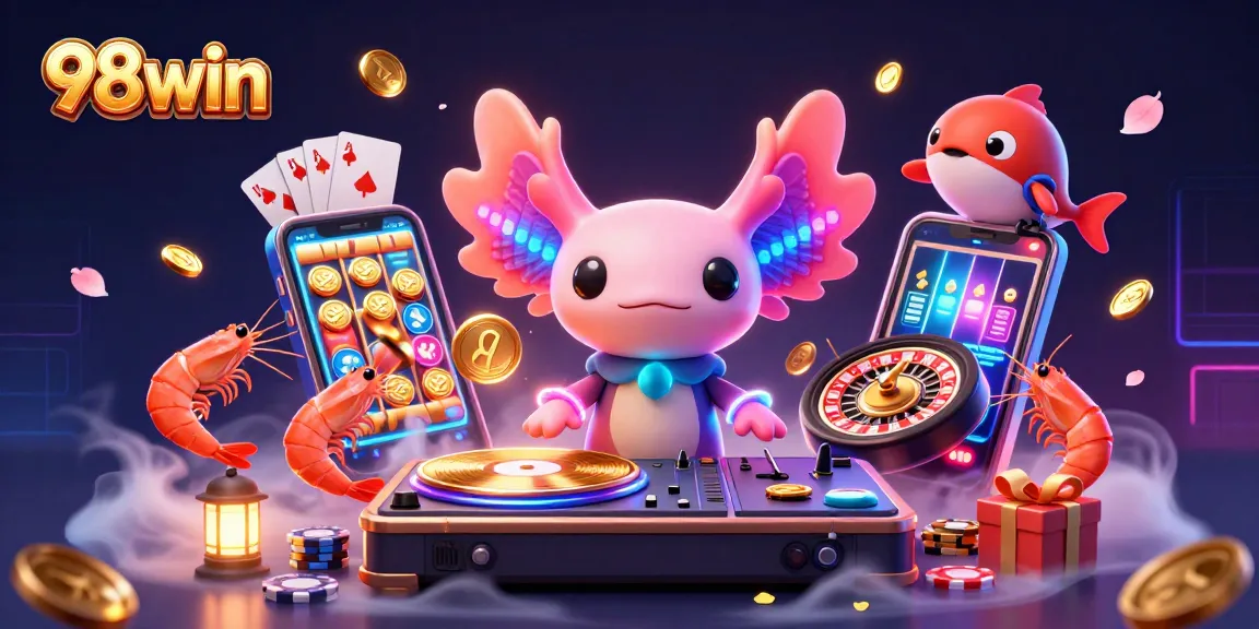 Join the excitement at 98win with a vibrant 3D axolotl DJ and casino elements!