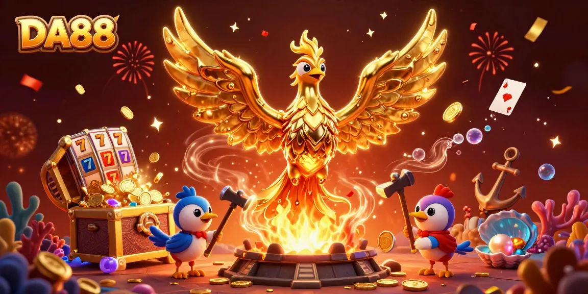 Experience winning with DA88 in an immersive 3D casino scene featuring golden phoenix and slot reels.