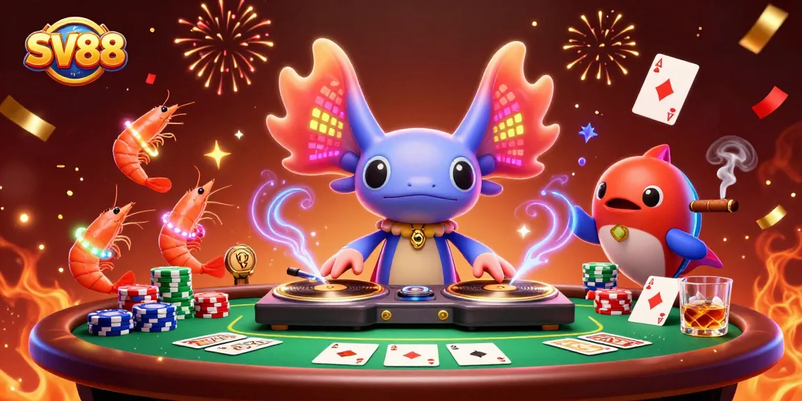 SV88 presents a vibrant casino scene with a neon axolotl DJ and energetic shrimp, celebrating big wins.