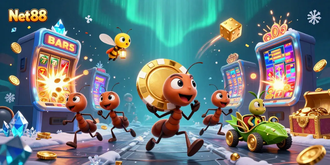 Ant characters heist for golden poker chips, showcasing Net88's casino excitement.