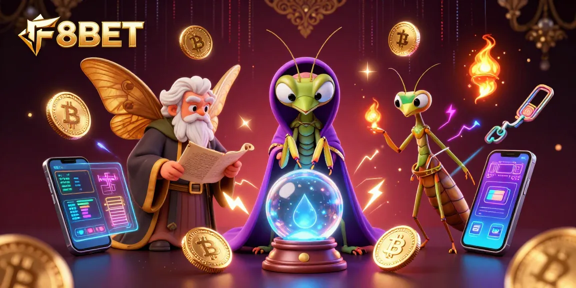 Win big with F8BET featuring a dynamic 3D illustration of fortune teller and librarians.