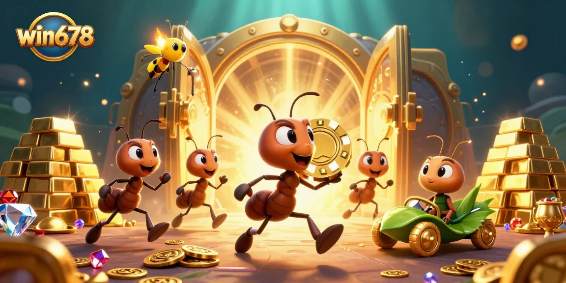 Win678 ants heisting a massive poker chip in a vibrant, overloaded casino scene filled with treasures.