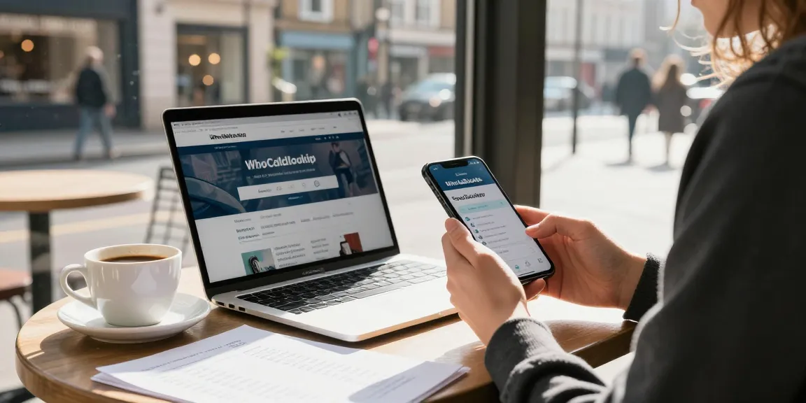 Engaging scene of a user performing a free phone number lookup UK in a café, showcasing modern technology.