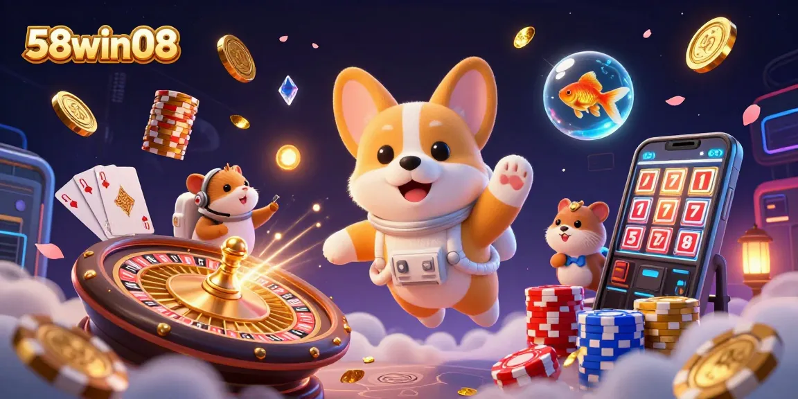 Engage with thrilling games at 58win08 as the astronaut corgi and friends play in a casino in space.