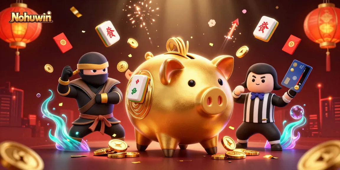 Nohuwin features a dynamic illustration with a golden piggy bank wrestler, showcasing online gaming excitement.