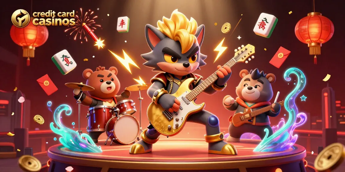 Engaging scene showcasing credit card casinos with a rock star wolf and drummer bear amidst casino elements.