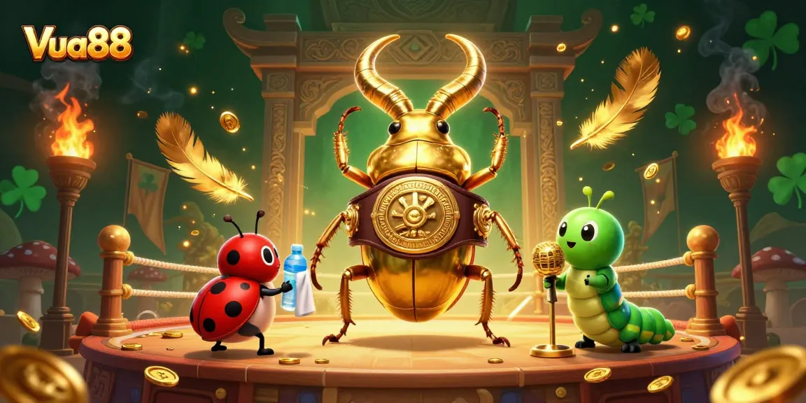 Vua88 offers exciting betting adventures featuring a golden stag beetle in a dynamic casino scene.
