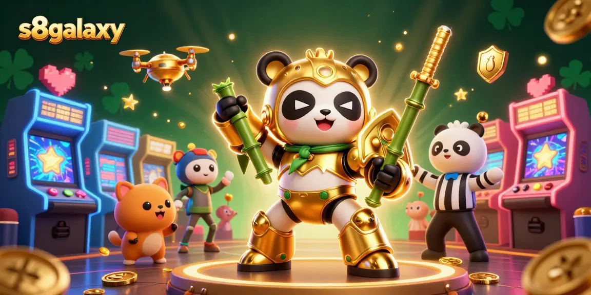 s8galaxy showcases a golden panda mech in an animated online casino arena, capturing the thrill of gaming.