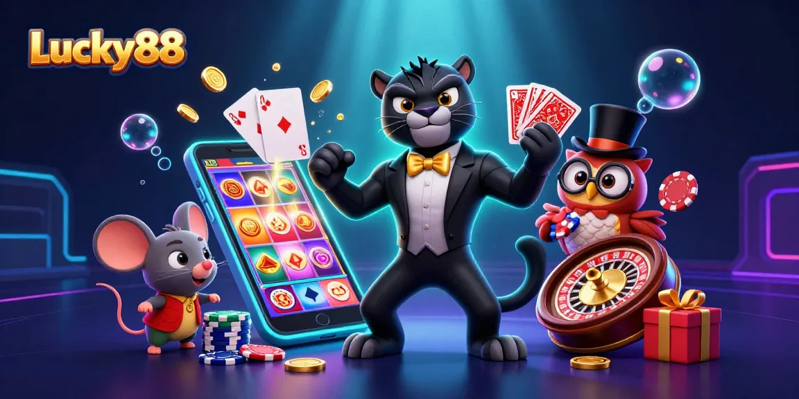Experience the thrilling Lucky88 gameplay with vibrant characters and dynamic casino elements in this animated scene.