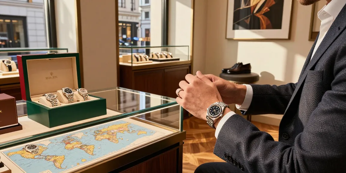 Elegant individual showcasing a rolex replica in a luxury boutique with vibrant watch displays.