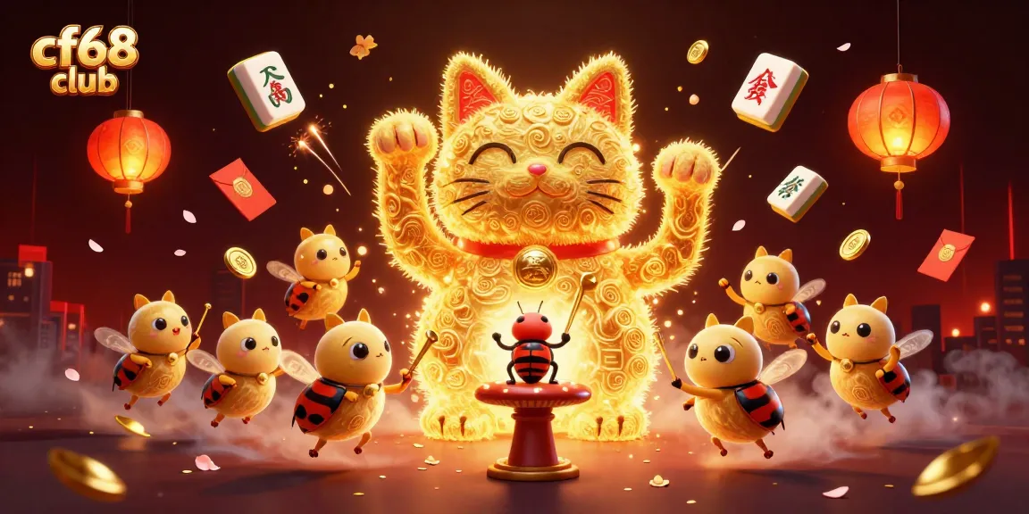 Engage with the exciting cf68 club through a vibrant 3D illustration of a lucky cat amid dynamic casino elements.