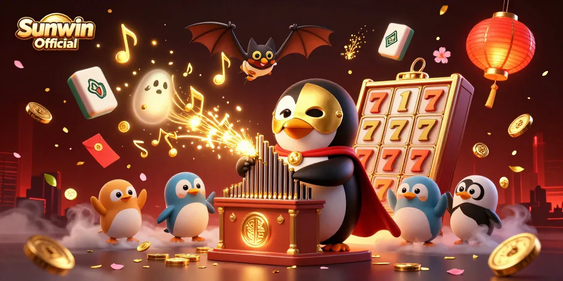Engage with Sunwin Official's vivid casino scene showcasing vibrant slot reels and animated elements.