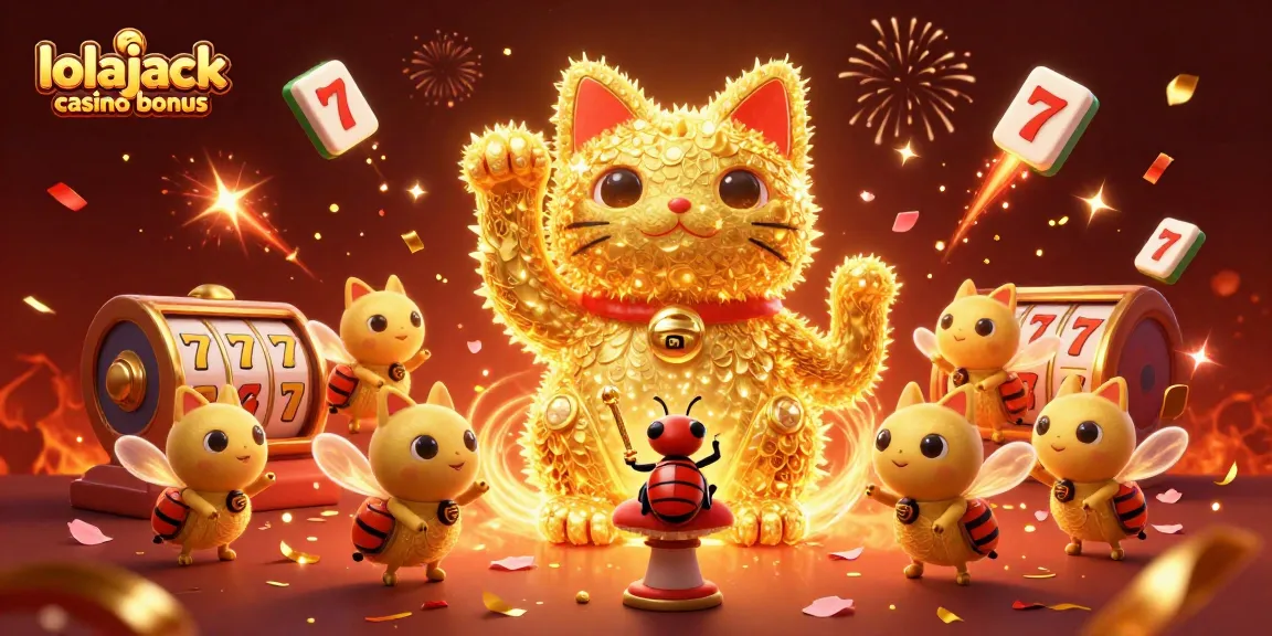 Experience the excitement of the lolajack casino bonus with vibrant slots and casino symbols in this 3D digital art.