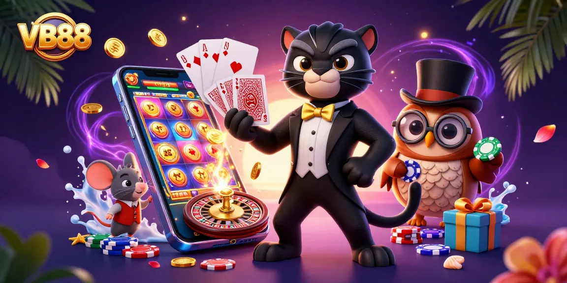 Experience VB88 excitement with a stylish panther and charming owl in a vibrant casino scene.