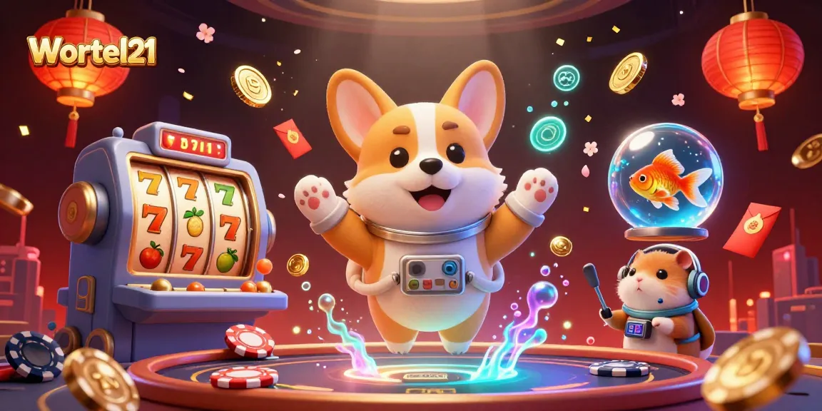 Spin slots with Wortel21 in a vibrant casino scene featuring an astronaut corgi and floating elements.