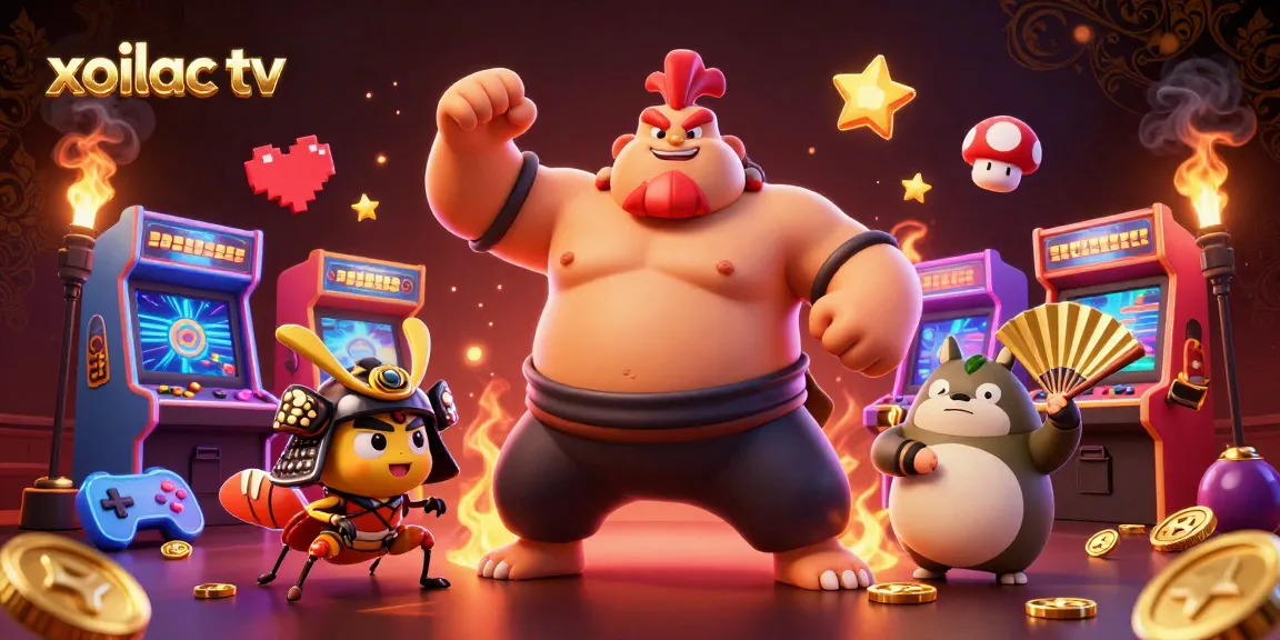 Xoilac TV showcases a powerful sumo wrestler and samurai cricket amidst a vibrant gaming scene.