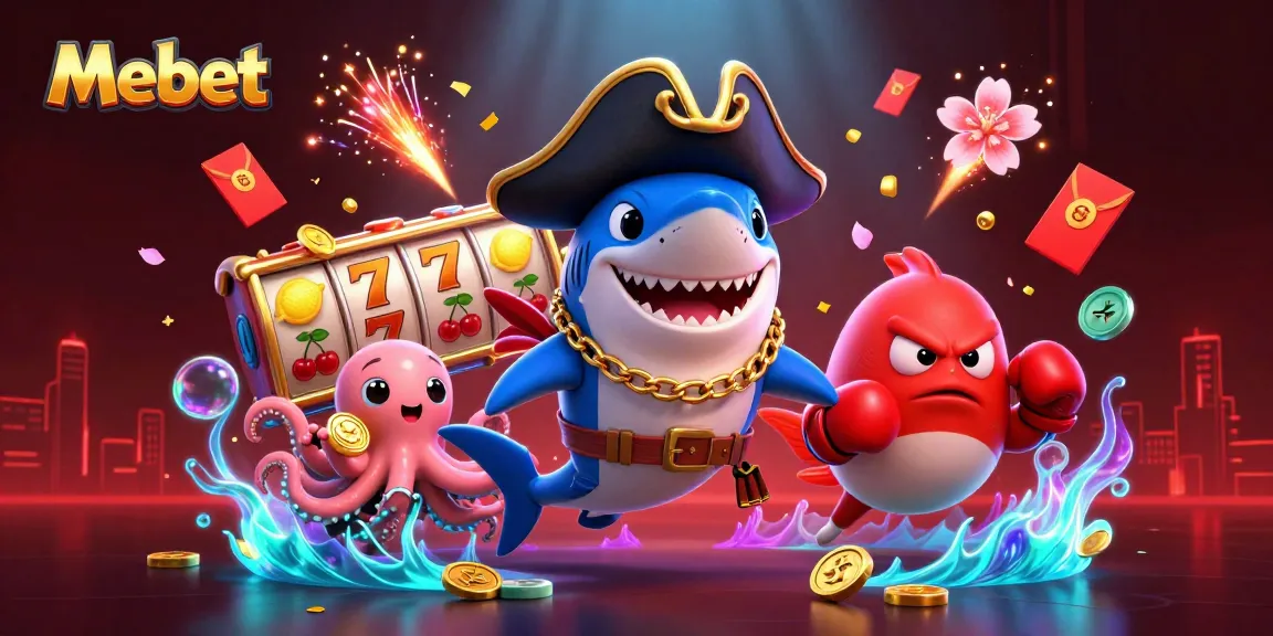 Experience thrilling wins at Mebet with a lively casino scene featuring vibrant characters and dynamic gaming elements.
