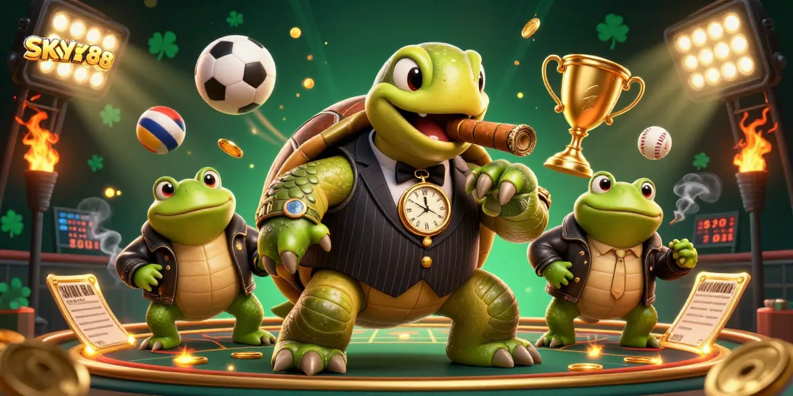 Celebrate SAFE betting at SKY88 with a vibrant casino backdrop featuring playful characters and dynamic sports elements.