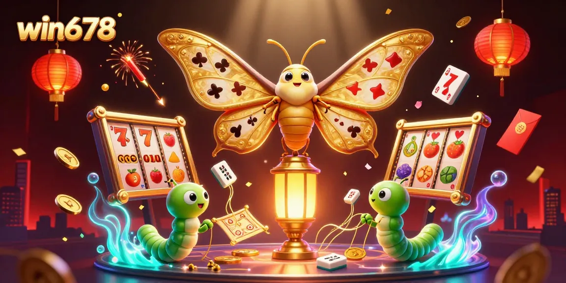 Win678 engages players with golden casino scenes, featuring a majestic moth and dynamic elements.