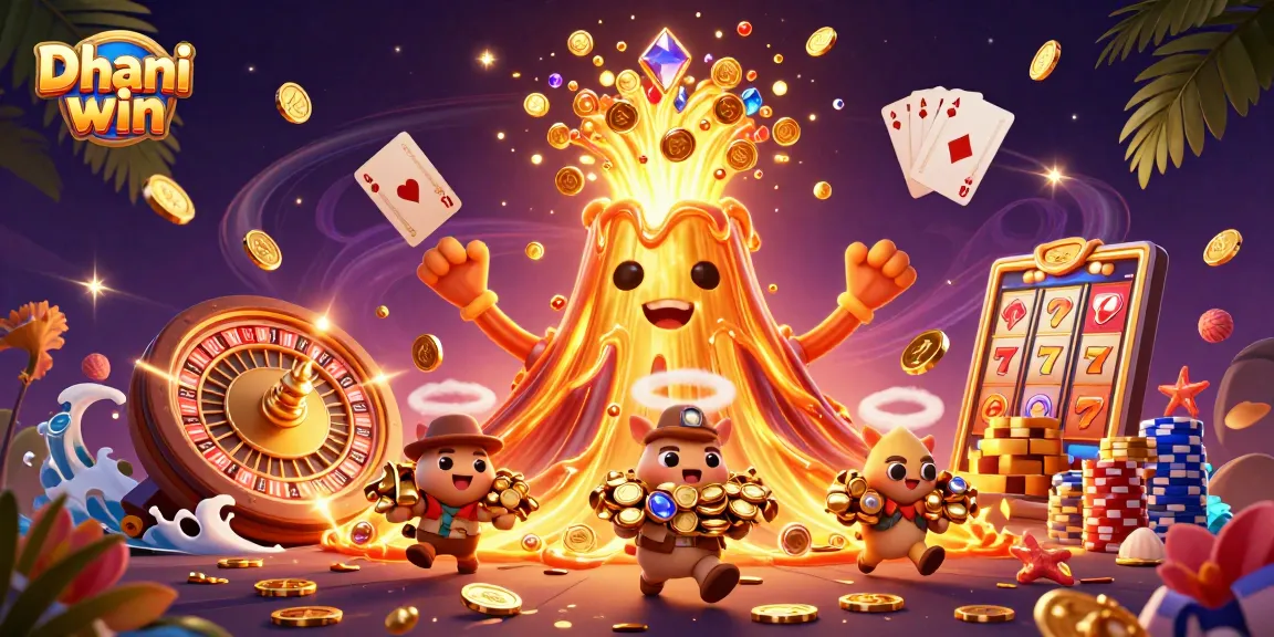 Dhani win invites players to enjoy exciting games with a vibrant 3D casino scene filled with treasures.