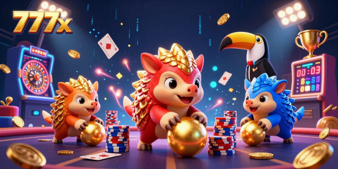 Rival pangolins in 777x rolling through poker chips and casino games in vibrant 3D illustration