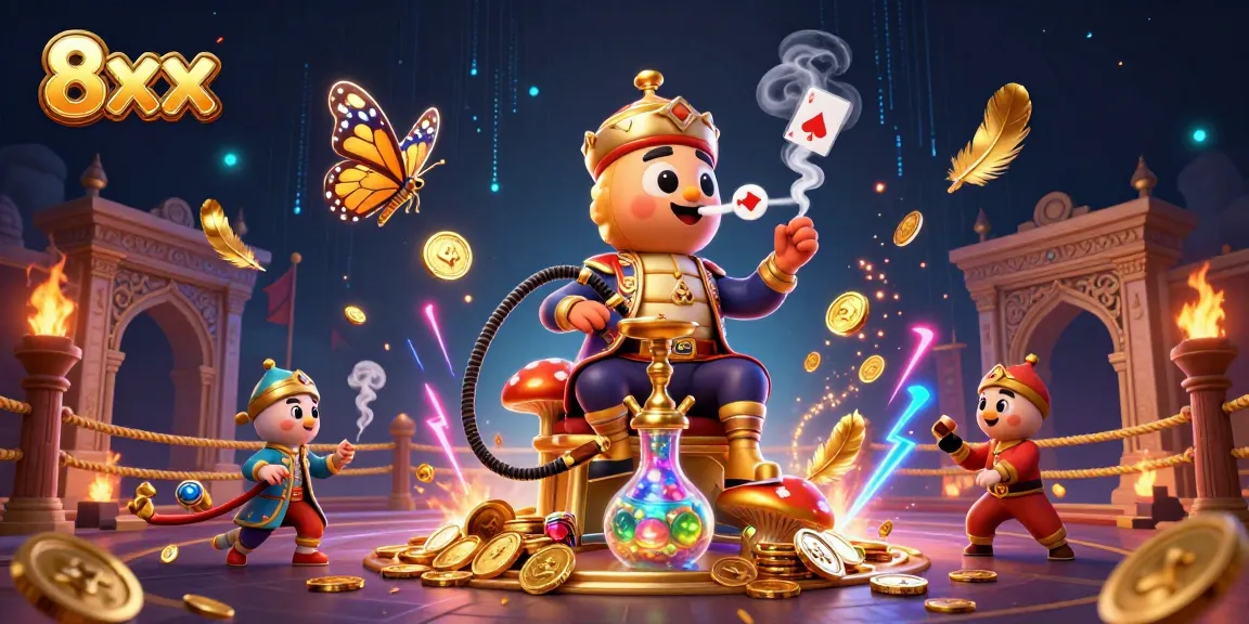 Bet on exciting games with 8xx and enjoy thrilling poker symbols in a vibrant casino scene.