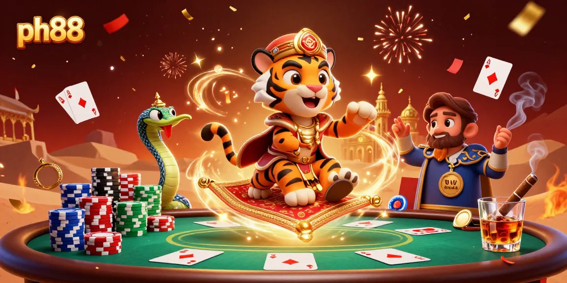 Experience the excitement of ph88 with a vibrant casino illustration featuring a tiger sultan and poker elements.