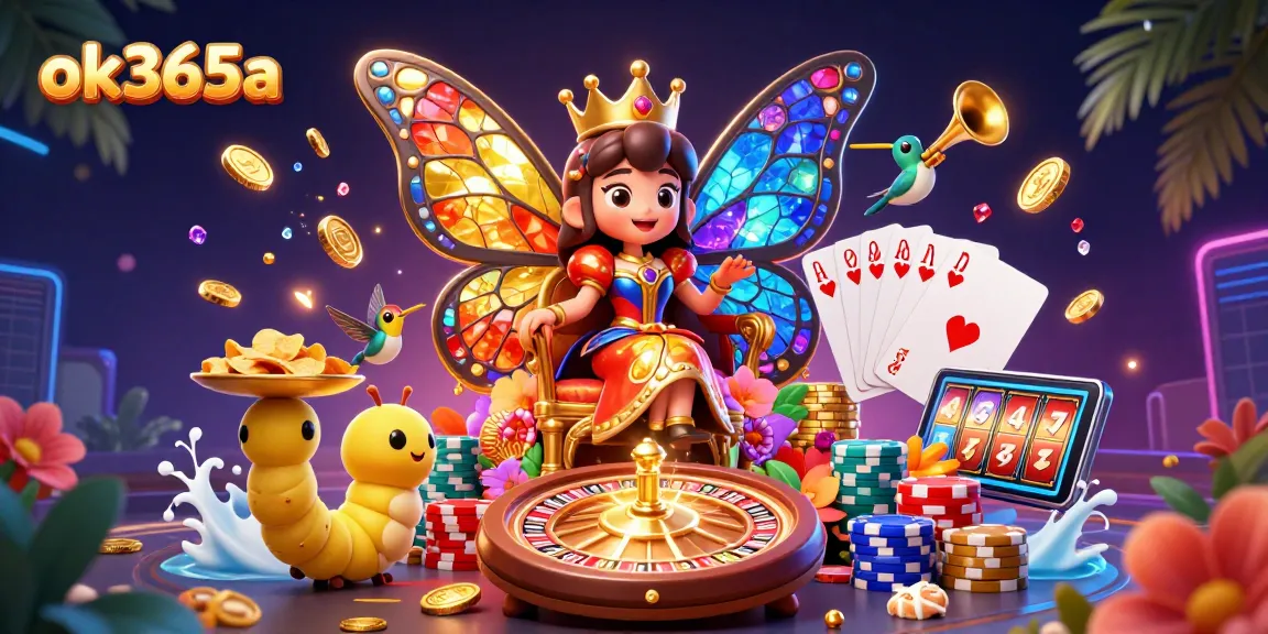 Experience vibrant casino fun with ok365a as a butterfly queen presides over a 3D game scene.