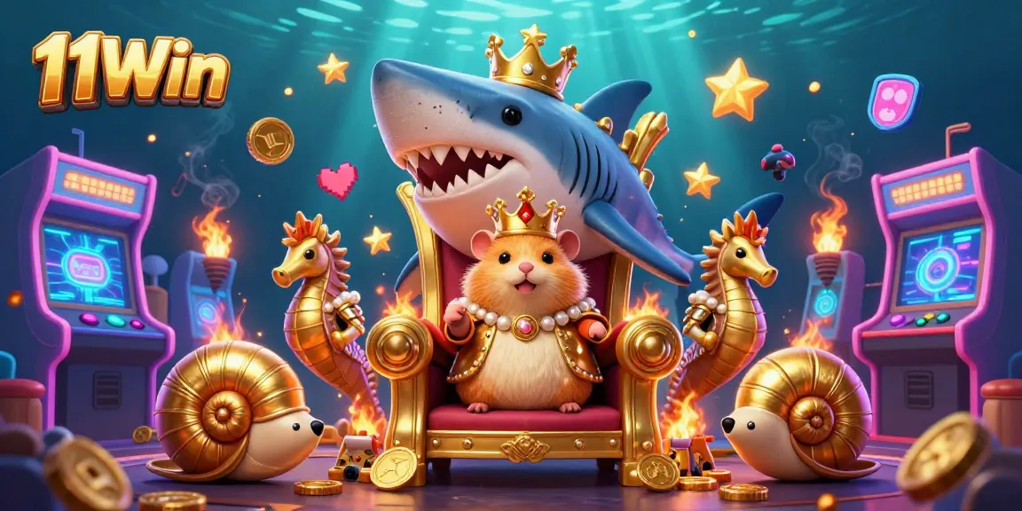 Experience thrilling casino magic with 11Win, featuring a golden hamster king and vibrant gaming elements.