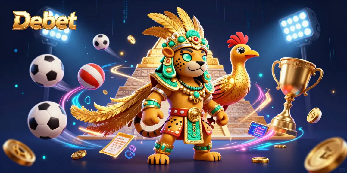 Debet offers thrilling sports betting action with a dynamic scene featuring a Mayan priest and vibrant sports elements.