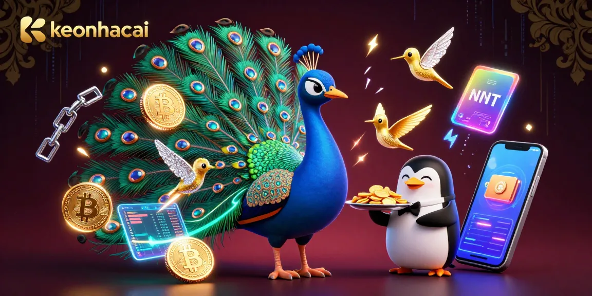 Engaging with keonhacai for top sports betting insights featuring an aristocratic peacock and a butler penguin.