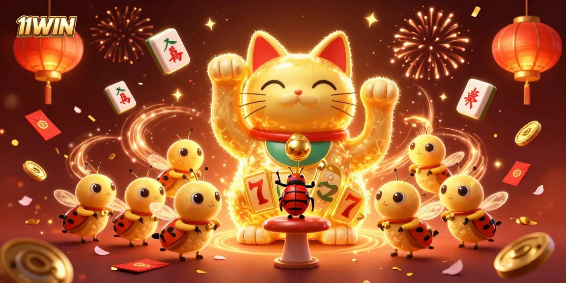 Engage with 11WIN's vibrant casino experience, featuring a lucky cat and dynamic gaming elements.