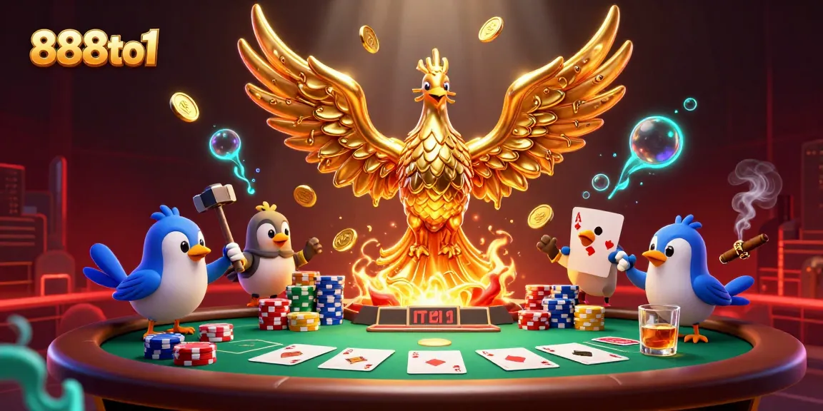 Play high-stakes poker with 888to1's dynamic gaming scene featuring a molten golden phoenix.