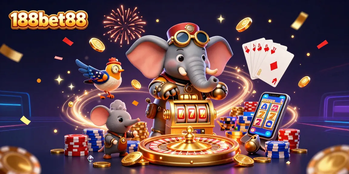 Engage with the vibrant 188bet88 gaming scene featuring a whimsical steampunk elephant and festive casino elements.