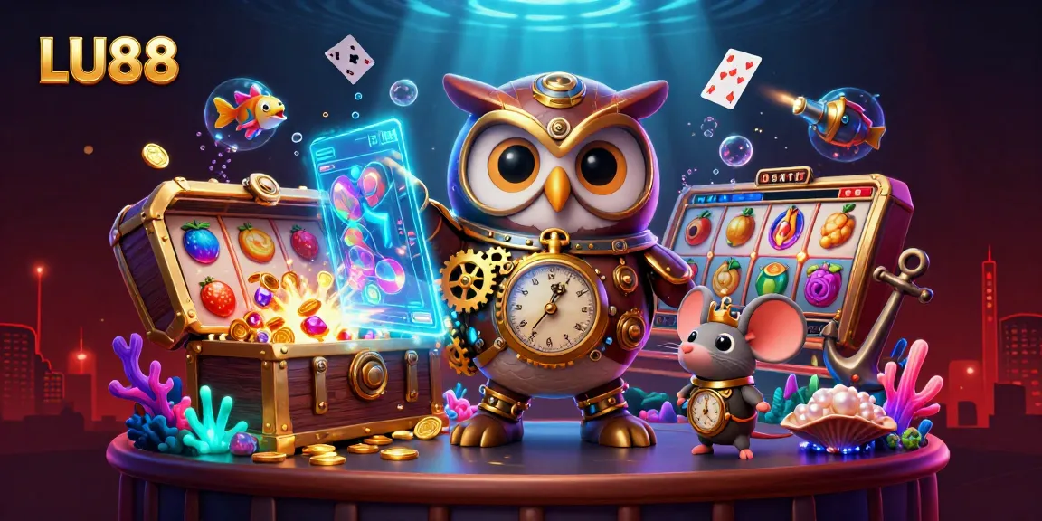 LU88 showcases a captivating steampunk casino adventure with a timed owl and mouse against a vibrant backdrop.