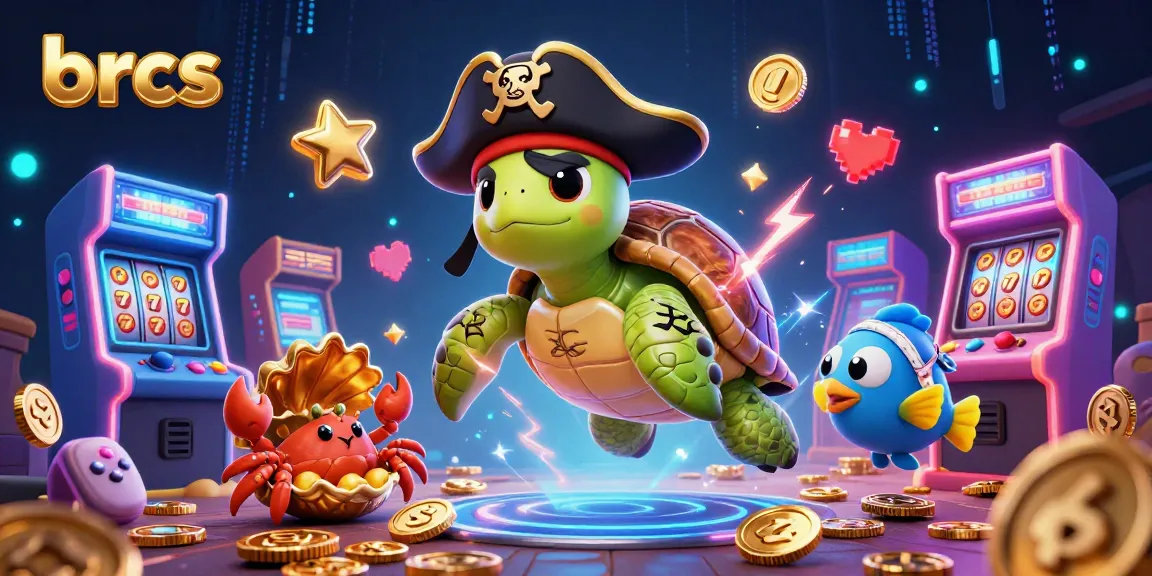 Engage with brcs's vibrant casino world featuring a pirate turtle and dynamic slot elements.
