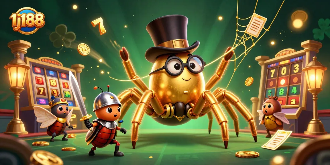 Engage in thrilling gaming at 1j188 with a dynamic casino scene featuring a golden tarantula and vibrant slot reels.