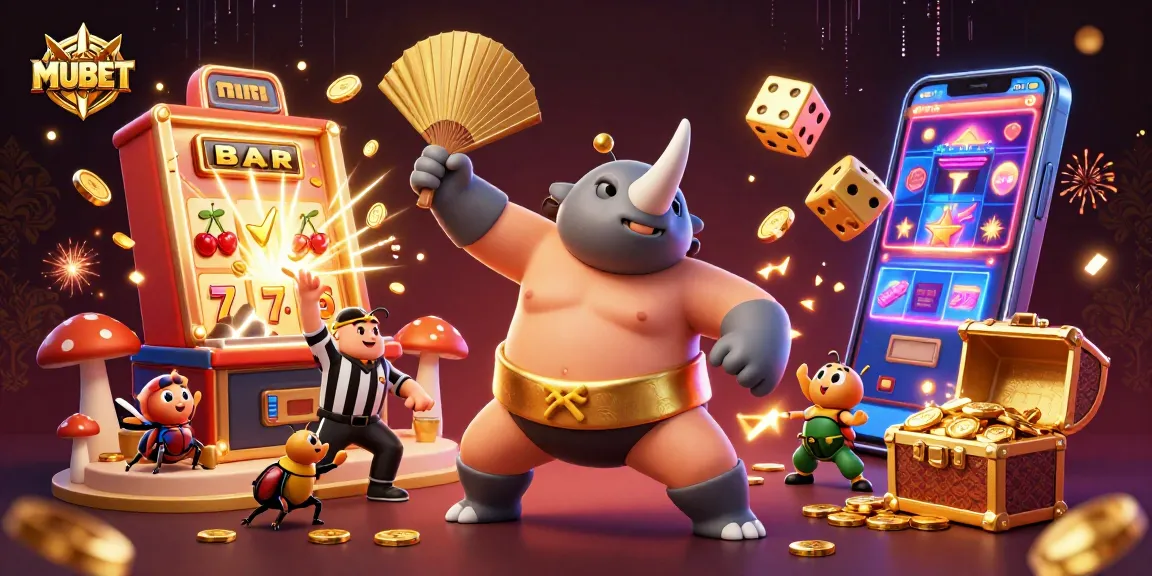 MUBET showcases an epic sumo match scene with a rhinoceros beetle champion amidst slot machine action.
